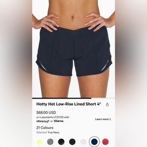 hottie hot low rise 4 inch size 2 shorts from lululemon! in navy.